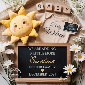 Boho Sunshine Schwangerschaftsankündigungsvorlage, bearbeitbares Sommer-Baby offenbaren neutrales Geschlecht, einfache minimalistische Babymitteilung für den Sommer,