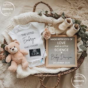 Può includere: Un'arrangiamento per l'annuncio del bambino in un cesto intrecciato. Include un body bianco con testo, un orsacchiotto, stivaletti per bambini, una lavagna con lettere incorniciata e fiori. Il body recita "THE LITTLE Embryo THAT COULD". La lavagna dice "MADE WITH LOTS OF LOVE AND A LITTLE SCIENCE Baby Davison DECEMBER 2025".