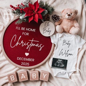 Je serai à la maison pour Noël, faire-part de grossesse numérique modifiable, date de révélation du sexe de la grossesse, prévue pour décembre,