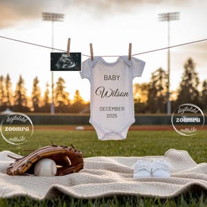 Anuncio de embarazo de bebé de béisbol, plantilla digital para redes sociales de nacimiento deportivo, revelación de género del embarazo, anuncio de verano para tender la ropa.