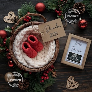 Weihnachten Schwangerschaftsankündigung Digital, fällig im Dezember Babymitteilung, geschlechtsneutral, bearbeitbare Vorlage, einfach minimalistisch für Weihnachten