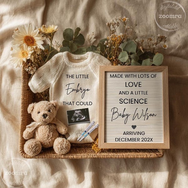 Einfache IVF Schwangerschaftsankündigung, bearbeitbare Love & Science Baby Reveal-Vorlage
