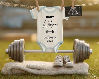 Fitness Pregnancy Announcement, Editable Weightlifting Baby Reveal Template