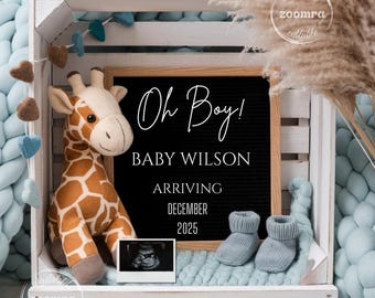 Giraffe Baby Pregnancy Announcement: Oh Boy Gender Reveal (Digital Template)