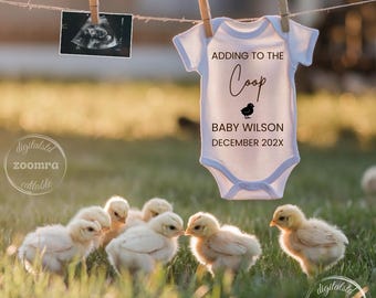 Révélation simple de grossesse de bébé de poulet, faire-part de bébé de ferme occidental modifiable,