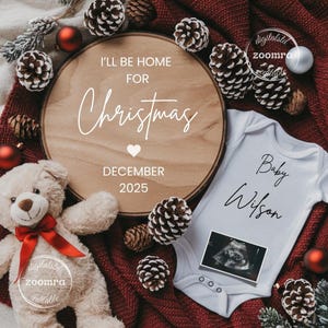 Weihnachtsschwangerschaftsankündigung Digital, fällig im Dezember Babyankündigung, geschlechtsneutral, bearbeitbare Vorlage, ich werde Weihnachten zu Hause sein