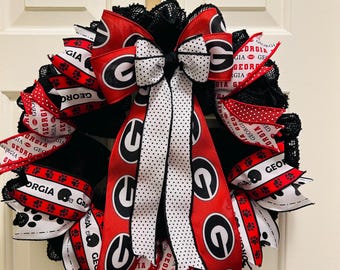Black Burlap with Red and White accents Wreath Handmade with Licensed Georgia Bulldogs Ribbon