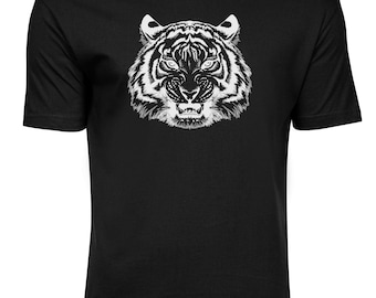 Herren T-Shirt Schwarz-Weiß knurrende Tiger Gesicht, Gym Shirt, Animal Print 100% gekämmte ringgesponnene Baumwolle