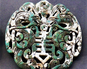 Genuine Green Natural Jade jadeite Carved Longevity  Dragon Pendant 玉 Ancient Qin Dynasty (221 BC) handmade emerald  greenish