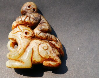 ancient jade natural 玉 jadeite carving "riding a tiger" pendant SONG - MING DYNASTY genuine handmade