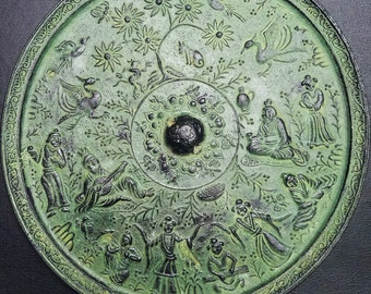 Rare original ancient bronze mirror 3rd century Han Dynasty with eight Immortals figure, metal silver antique 铜镜 ,greenish patina emerald