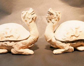 Antique a pair of "kame" カメ turtle statues Japanese from 1920 For Good Luck, Amulet, Wealth Mascot, Health, Money Year Of The Dragon