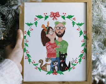 Custom Christmas Portrait, Custom Christmas Illustration, Xmas Family Drawing with Pets, Couple Xmas Portrait, Custom Family Portrait