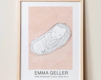 Custom Newborn Poster, Line Drawing Birth Poster