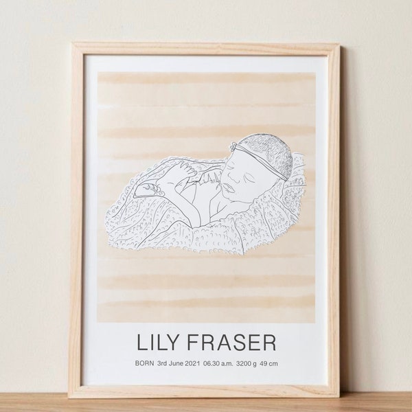 Custom Baby Birth Poster, Newborn Poster, Custom Baby Portrait, Baby Line Drawing, Custom Line Art, Baby Poster, Custom Illustration