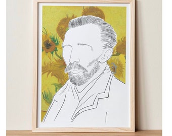 Vincent Van Gogh Line Drawing Poster with Sunflowers Background, Van Gogh Lover Gift, Line Art Van Gogh Portrait, Art Lover Gift