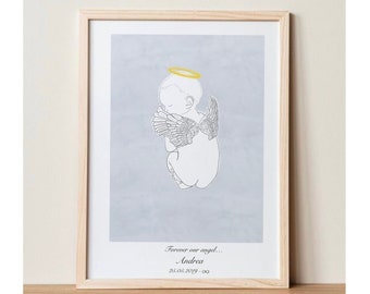 Angel Baby Line Drawing, Memorial Illustration, Loss of Baby Print, Infant Loss Art Sympathy Gift