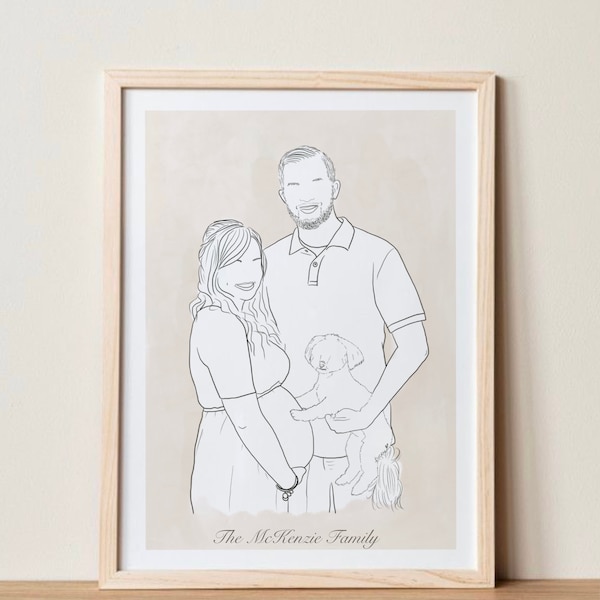 Portrait d’art au trait personnalisé, dessin de futurs parents, portrait de maternité, dessin de famille personnalisé, portrait de maman enceinte, dessin au trait de couple