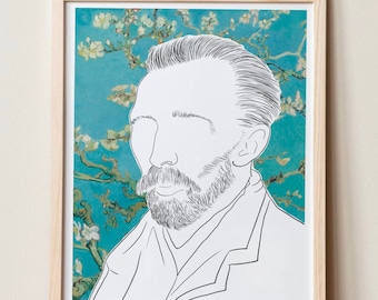 Van Gogh Line Drawing Poster with Almond Blossom Background, Van Gogh  Lover Gift, Line Art Van Gogh Portrait, Art Lover Gift