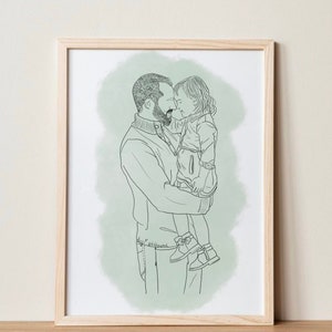 Custom Dad Portrait, Dad and Child Portrait, Daddy and Son Portrait, Custom Family Line Drawing, Hand Drawn Illustration for Mom and Dad image 2