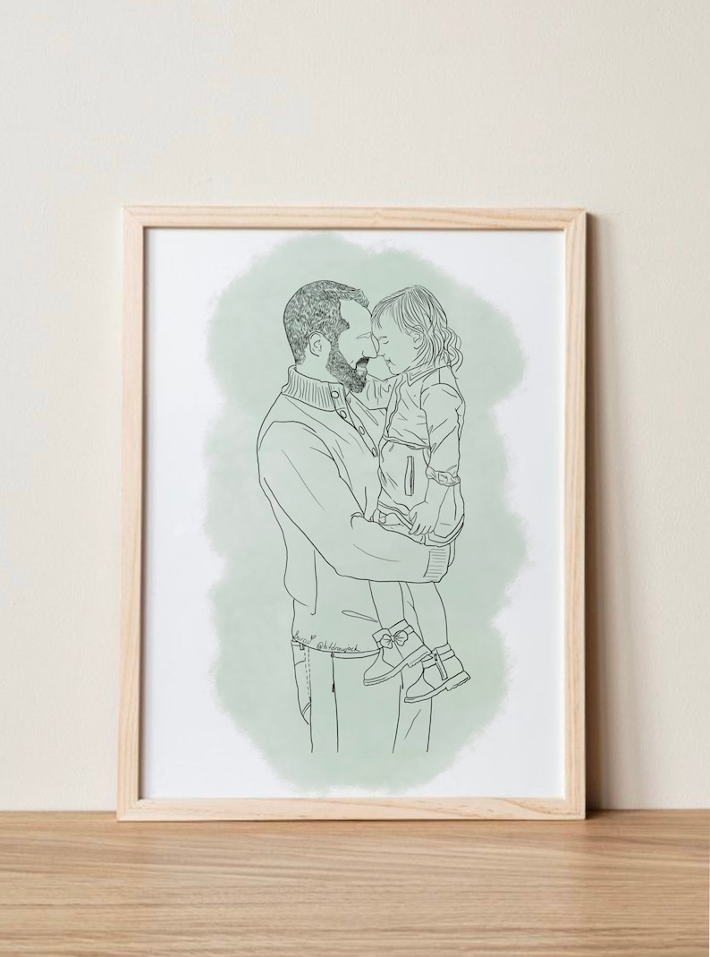 Custom Dad Portrait, Dad and Child Portrait, Daddy and Son Portrait, Custom Family Line Drawing, Hand Drawn Illustration for Mom and Dad image 2