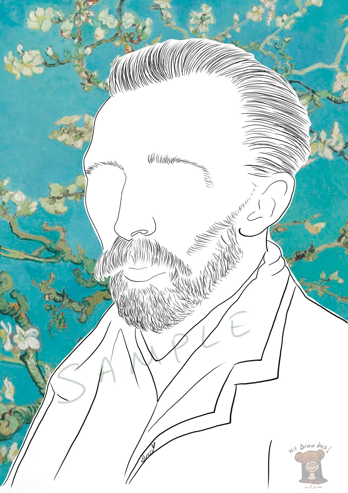 Van Gogh Line Drawing Poster With Almond Blossom Background, Van Gogh