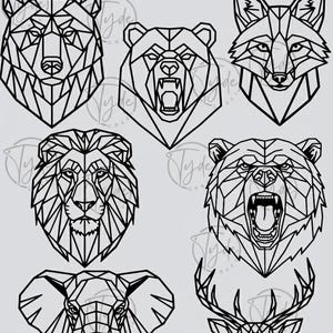 Puede incluir: Retratos geométricos de animales en blanco y negro. La imagen presenta un oso, un zorro, un león, un elefante y un ciervo, cada uno representado con una serie de líneas conectadas. El estilo es minimalista, con un diseño de bajo polígono.