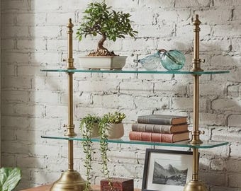 2-Tier Glass Display Stand | Brass or Nickel Finish Metal Base |24.5" Counter Shelf| Cake, Cupcake & Snack Serving Stand | Kitchen Organizer