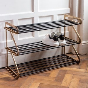 Three-Tier Black & Brass Shoe Rack | Hallway Entryway Furniture