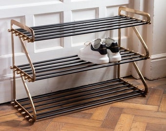 Three-Tier Black & Brass Shoe Rack dazzling design for hallway | Entryway Furniture | Brass Rack | Brass Furniture | Shoe Storage | Decor