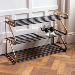 Three-Tier Black & Brass Shoe Rack dazzling design for hallway | Entryway Furniture | Brass Rack | Brass Furniture | Shoe Storage | Decor