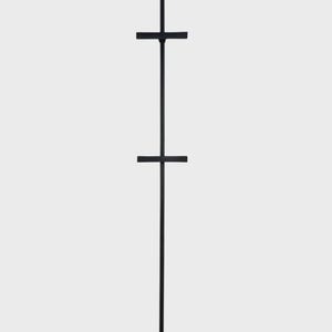 May include: A tall, black metal easel with a square base and two horizontal bars. The easel is designed to hold a canvas or artwork, and it stands against a plain white background.