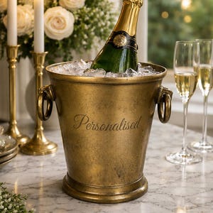 Op de afbeelding: Een goudkleurige champagnekoeler van metaal met een verweerde afwerking en twee ringvormige handgrepen aan de zijkanten. Het woord "Personalised" is in schrijfletters op de voorzijde gegraveerd. De koeler is gevuld met ijs en een groene fles.