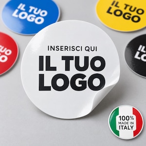 100 anpassade runda klistermärken med logotyp | Vattentäta vinyletiketter för företag, förpackningar och evenemang | Tillverkad i Italien