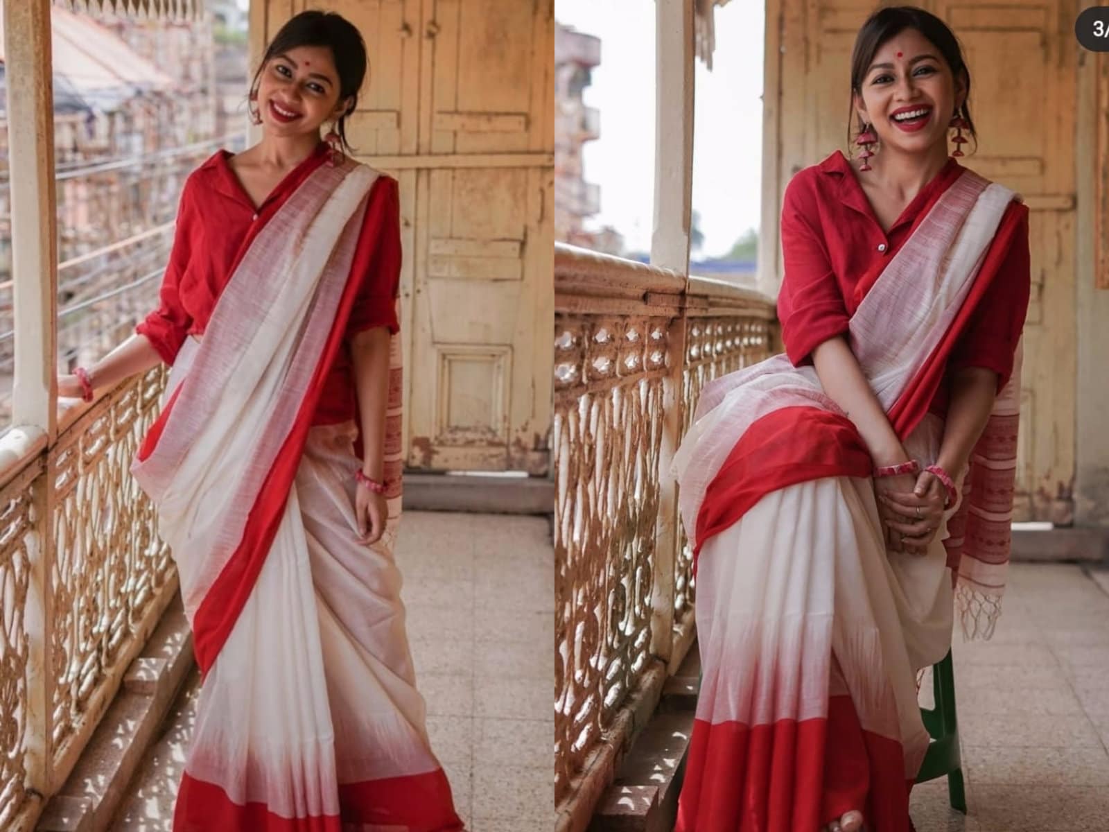 Red and White Saree for Durga Puja Look – Laxmisaree.com