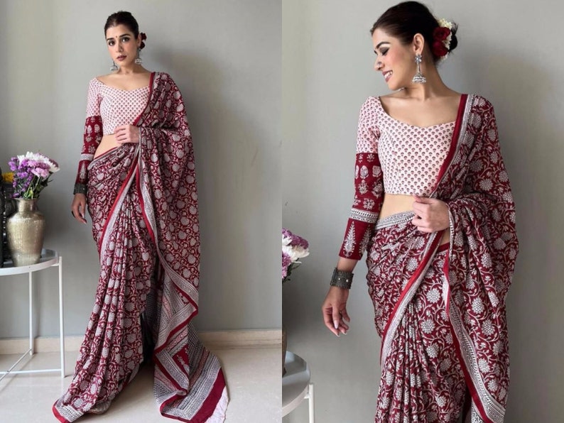 Designer Ajrakh Hand Block Printing Saree Silk Sarees for USA Etsy