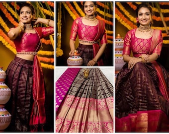 Half Saree Style Kanjiwaram Silk Brown Pink Zari Etsy