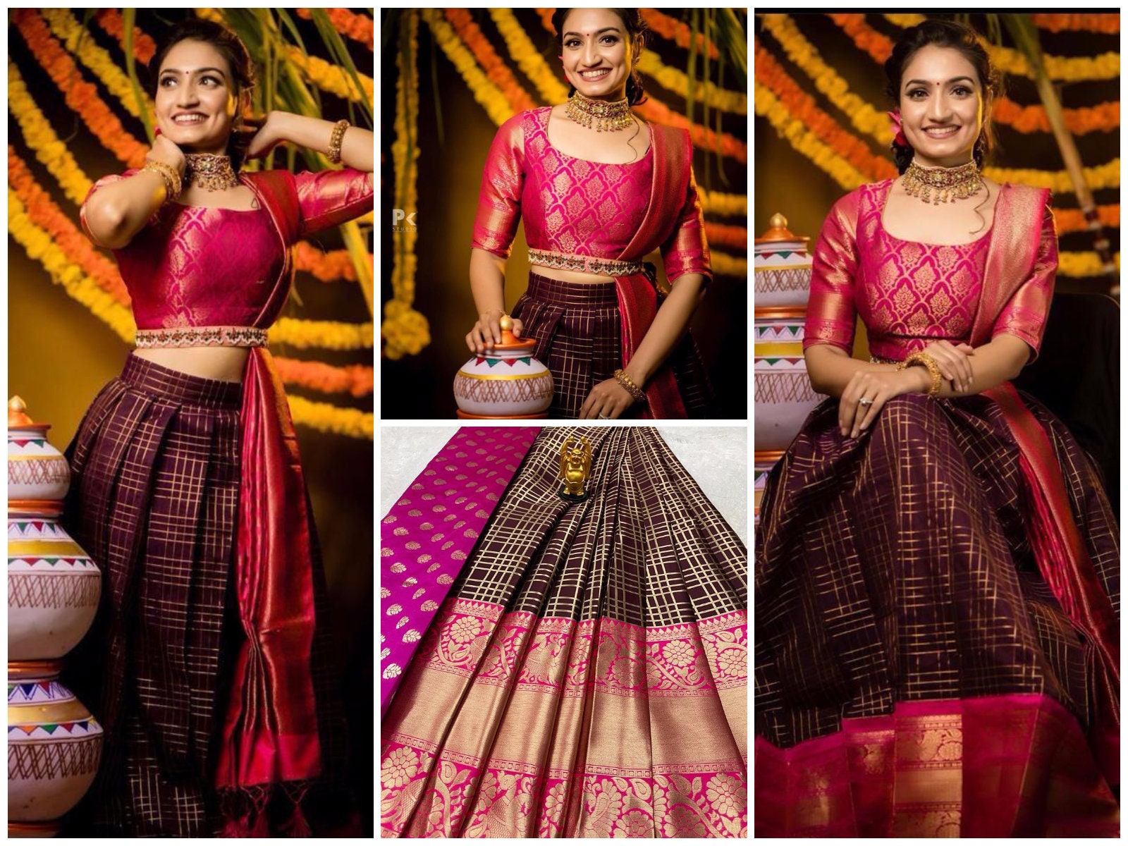 Half Saree Style Kanjiwaram Silk Brown &pink Zari - Etsy Half Saree Style Kanjiwaram Silk Brown &pink Zari - Etsy