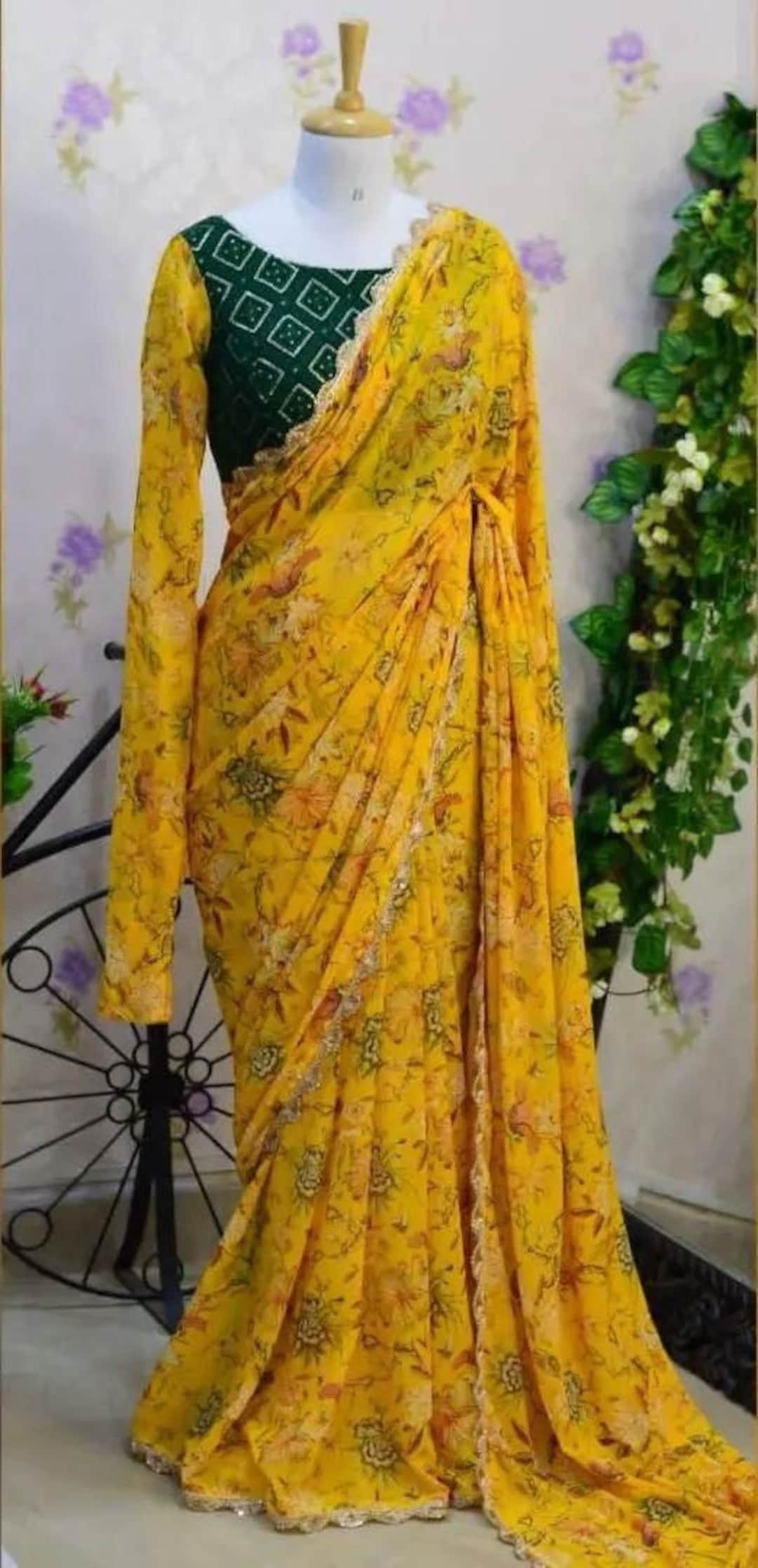 Yellow Floral Print Saree Bridesmaid Saree Indian Wedding