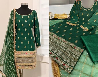 Custom Made Green Mulbury Salwar Kameez Suit, With Dupatta Made To Measure Bottom for Women ,Embroidery Sequence Work Girls Party Wear Dress