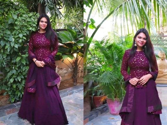 Wine Color Georgette Embroided Crop Top Indian Bollywood Style
