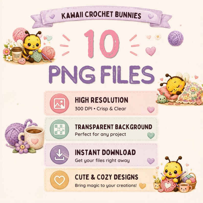 Może przedstawiać: Grafika cyfrowa z Kawaii Crochet Bunnies. Obraz zawiera tekst "KAWAII CROCHET BUNNIES" i "10 PNG FILES". Obraz promuje wysoką rozdzielczość, przezroczyste tło, natychmiastowe pobieranie oraz urocze i przytulne projekty.