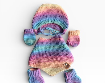 Rainbow Knit Baby Set • Bonnet, Mittens, Booties & Scarf