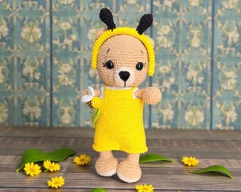 Crochet Amigurumi Teddy Bear with Removable Bumble Bee Outfit - Handmade Cuddly Toy