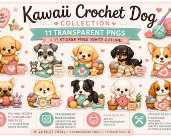 Zestaw uroczych naklejek szydełkowych z psem w formacie PNG | Kawaii Szczeniak Clipart | Naklejki Miłośników Szydełkowania | Przezroczyste pliki PNG | Naklejki do Planera do Druku | Cricut