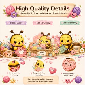 Może przedstawiać: Ilustracja przedstawiająca szczeg&oacute;ły szydełkowania, z trzema postaciami pszcz&oacute;łek tworzących. Obraz wyr&oacute;żnia &bdquo;High Quality Details&rdquo; z tekstem podkreślającym skomplikowaną fakturę szydełkową i urocze detale. Obraz zawiera tekst &bdquo;Classic Bunny&rdquo;, &bdquo;Lop Ear Bunny&rdquo; i &bdquo;Lionhead Bunny&rdquo;.
