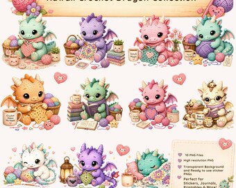 Kawaii Crochet Dragon Clipart Bundle PNG | Cute Fantasy Dragon Stickers | Pastel Baby Dragon Graphics | Journaling & Planner PNG