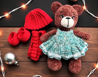 Handmade Crochet Teddy Bear – Plush Amigurumi Toy with Dress & Accessories