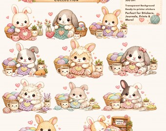 Kawaii Crochet Bunny Clipart Bundle PNG Digital, Bunny Crochet Animals, Pastel Bunny Stickers, Nursery Clipart, Printable Scrapbook Graphics