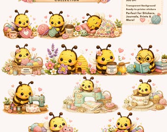 Kawaii Bumble Bee PNG Bundle, Crochet Bee Stickers, Cute Bee Clipart, Pastel Bee PNG, Planner Stickers, Printable Scrapbook Graphics